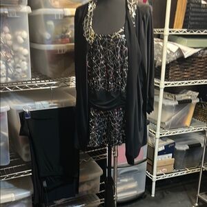 Black and Multicolor Abstract Dressy 3 pc pants, top with Cardigan